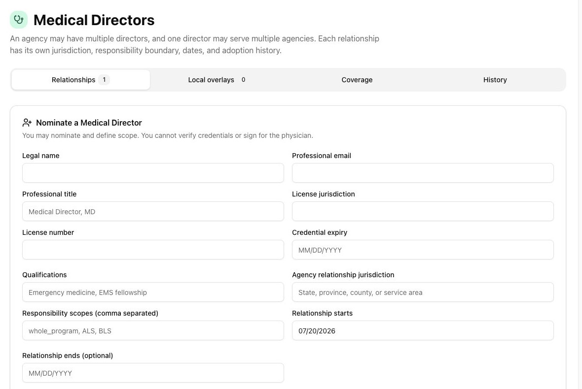 Current agency Medical Directors workspace showing relationship, local overlay, adoption coverage, and history tabs plus scoped nomination fields.