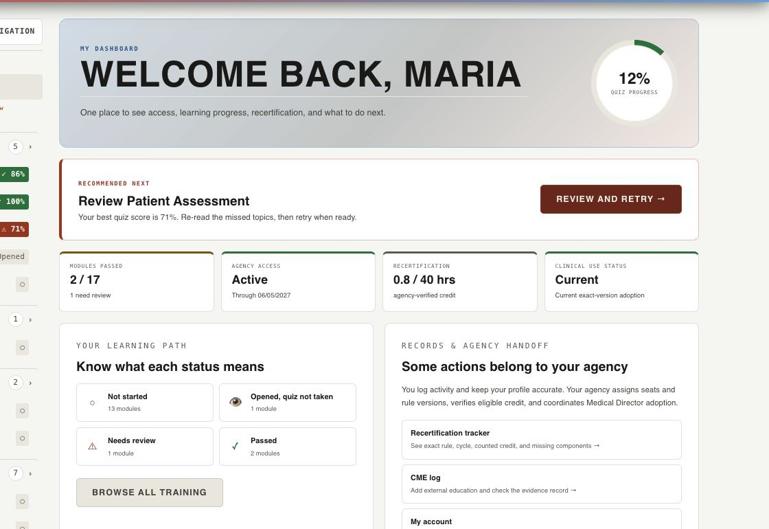 Current NTCP student dashboard showing a recommended next action, access, learning progress, recertification credit, and clinical-use status.