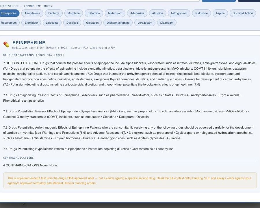 Current Drug Label Lookup resolving one medication name through RxNav and showing available openFDA label sections.