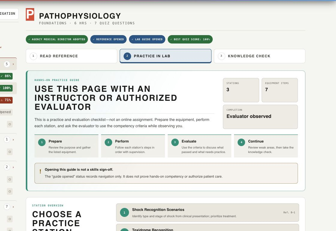 Current supervised lab guide showing preparation, plain-language station names, evaluation criteria, and the next learning action.