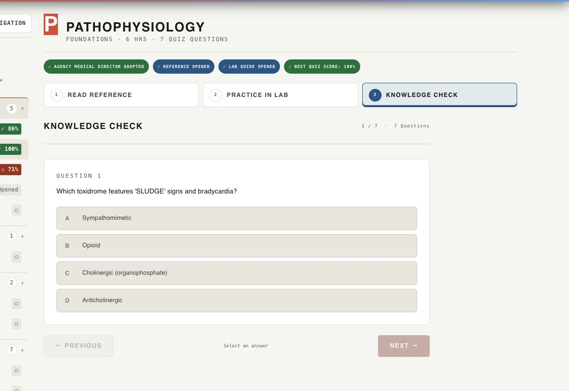 Current Knowledge Check with consistent A through D answer controls and one-question-at-a-time progress.