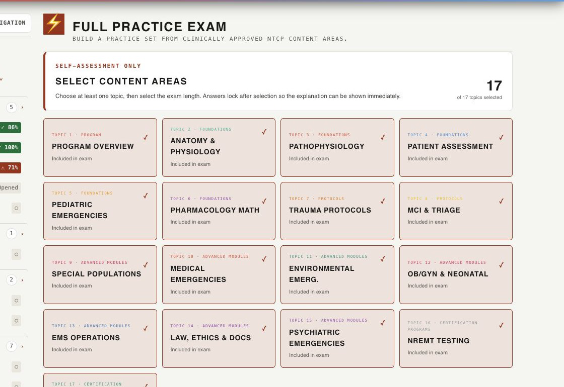Current Full Practice Exam setup showing selected eligible content areas and the 20, 40, or 80 question-count control.
