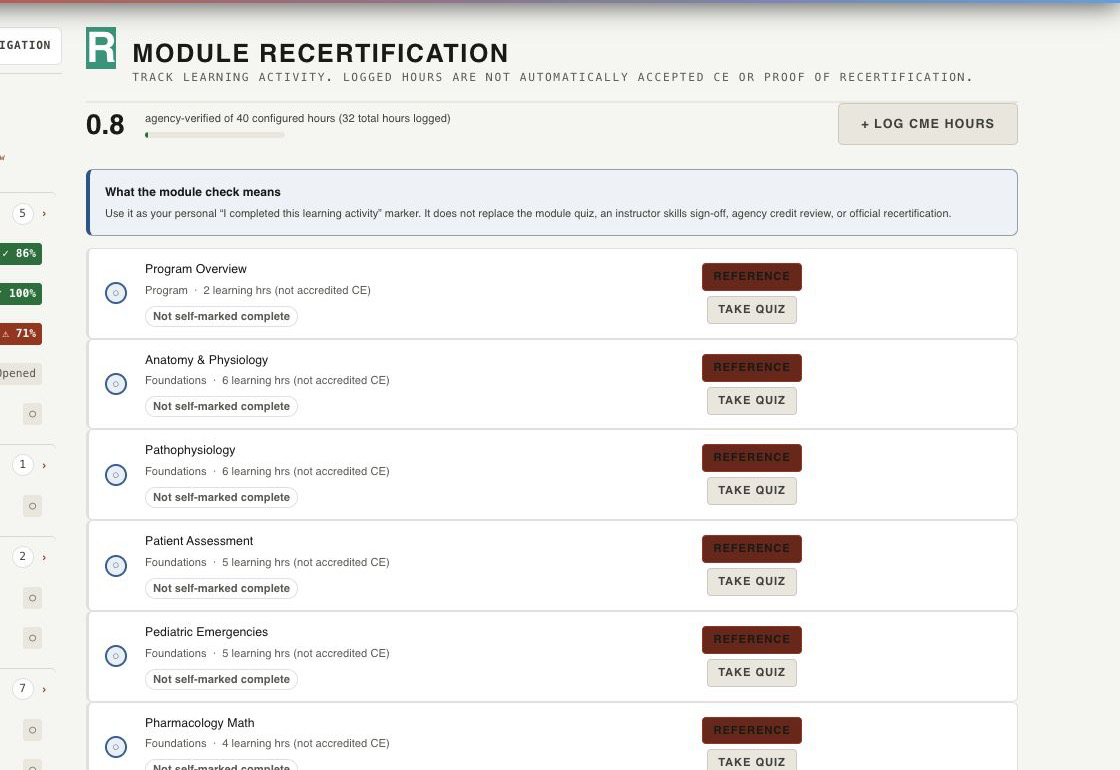 Current recertification tracker separating logged learning, agency-verified evidence, assigned rule version, and clinical adoption coverage.