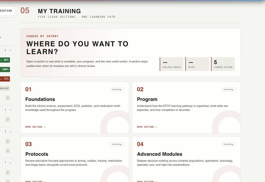 Current NTCP My Training page with five intent-based learning sections and availability counts.